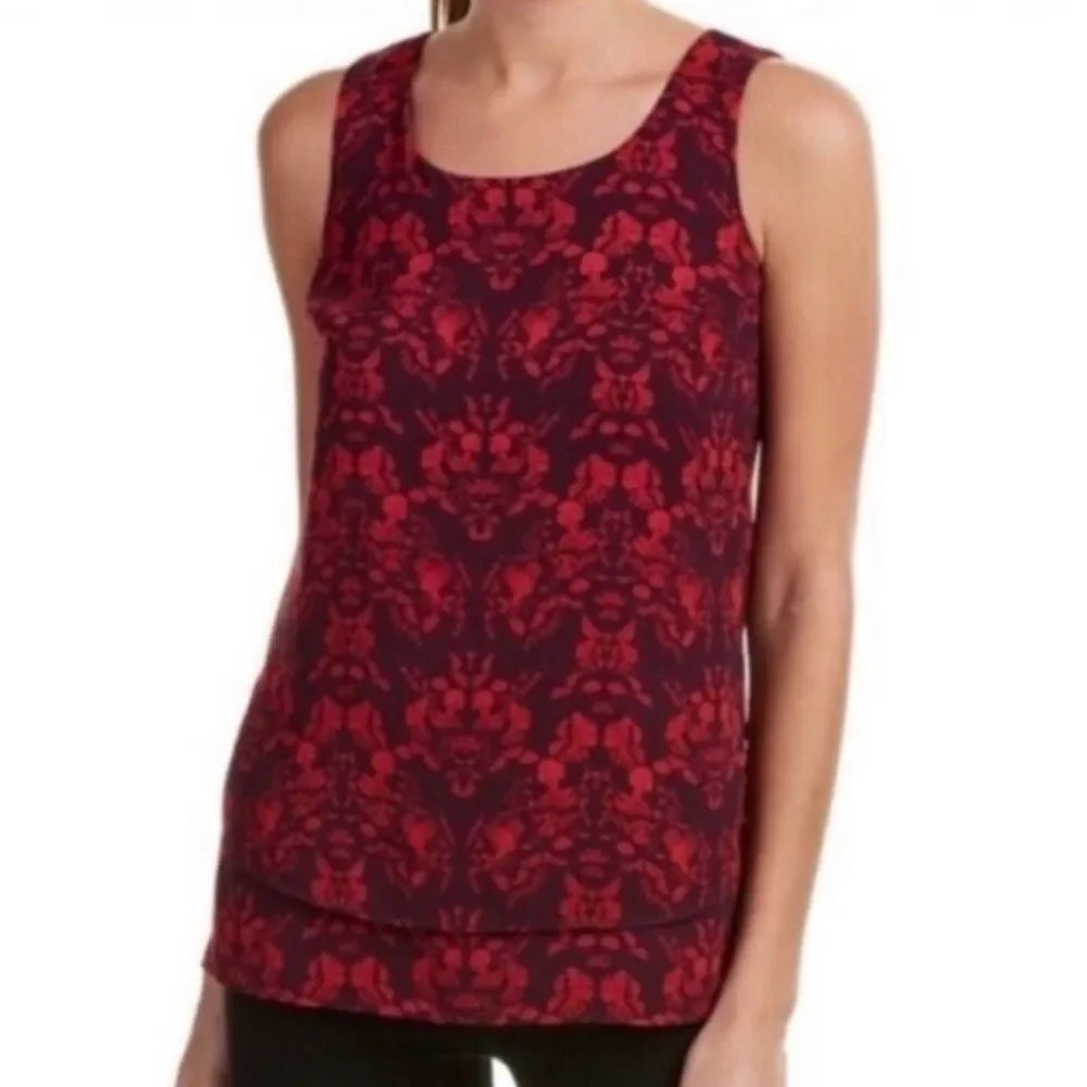 Cabi Cameo Print Purple Red Dressy Layered Sleeveless Top Tank Small